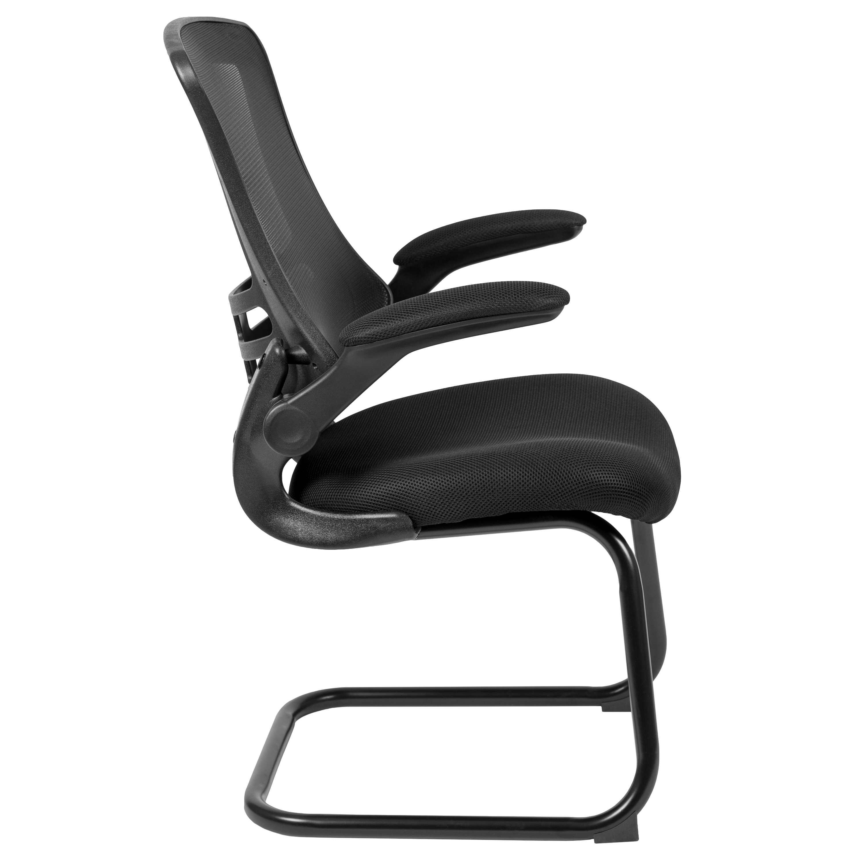 EMMA OLIVER Black Mesh Sled Base Side Reception Guest Office Chair with Flip-Up Arms EMMA OLIVER Black Mesh Sled Base Side Reception Guest Office Chair with Flip-Up Arms